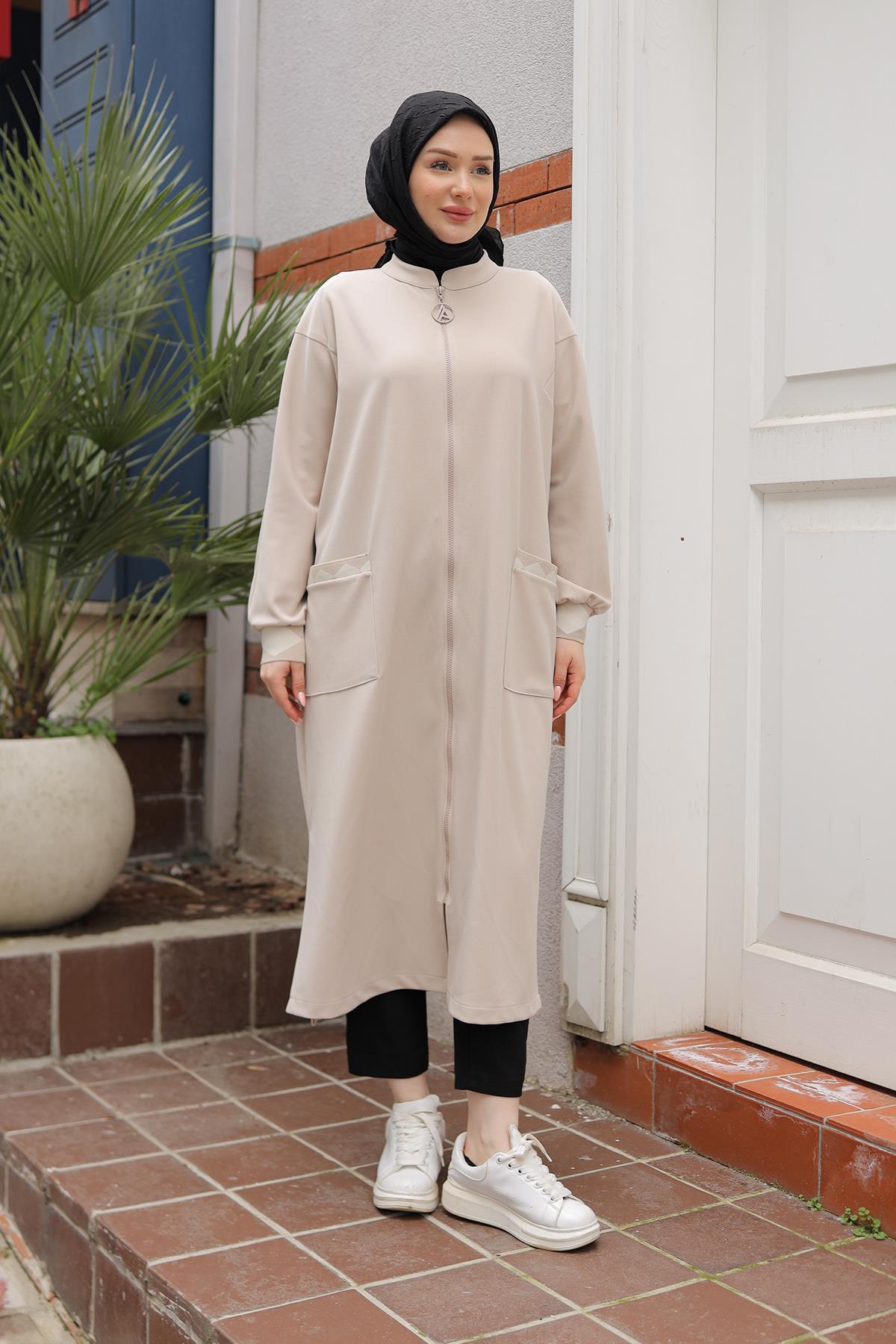 ARMİNE TREND Kolları Ribanalı Boydan Fermuarlı Cepli Tunik-Taş 25YT423