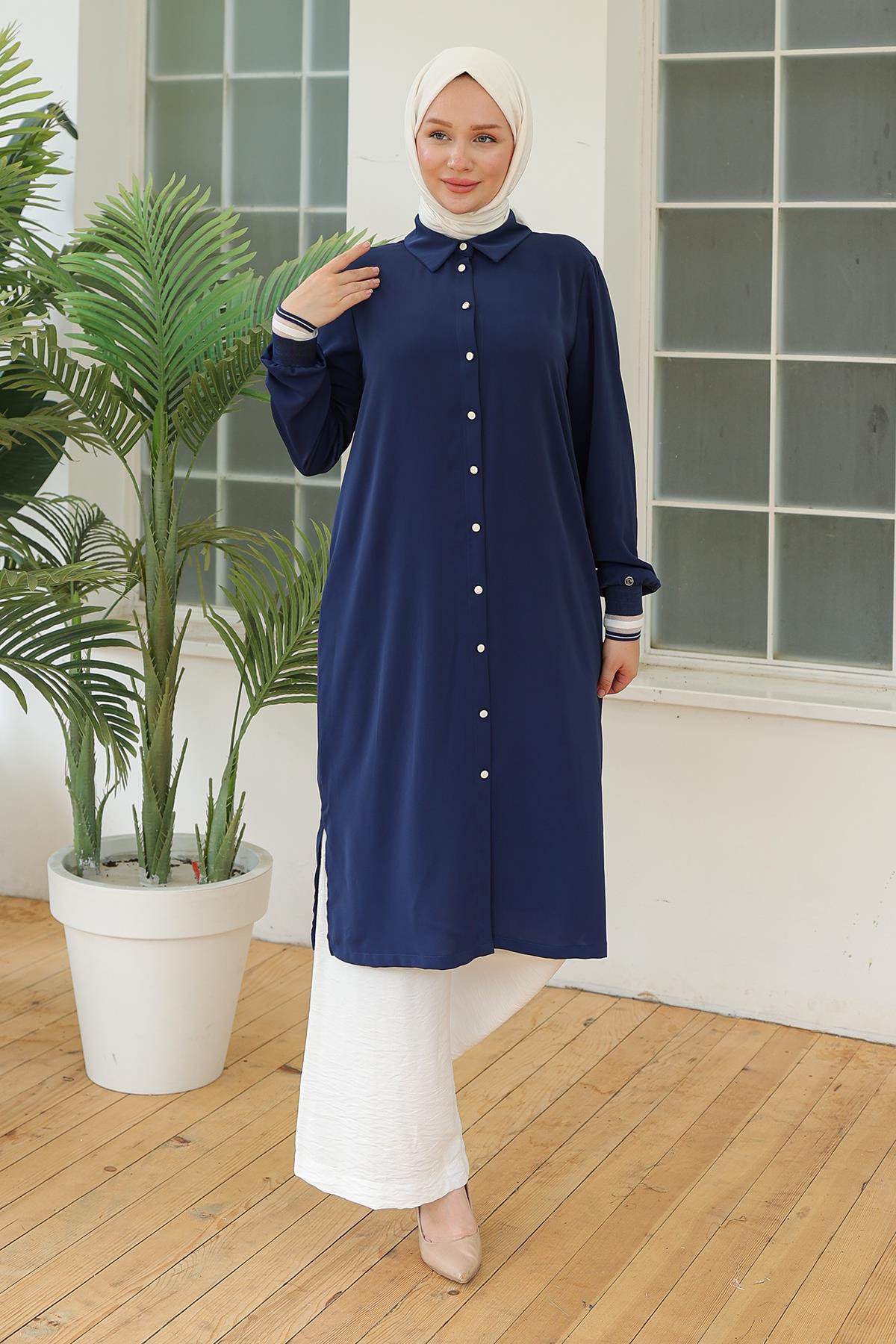 ARMİNE TREND Kolları Ribanalı Düğmeli Tunik Lacivert 24YT460