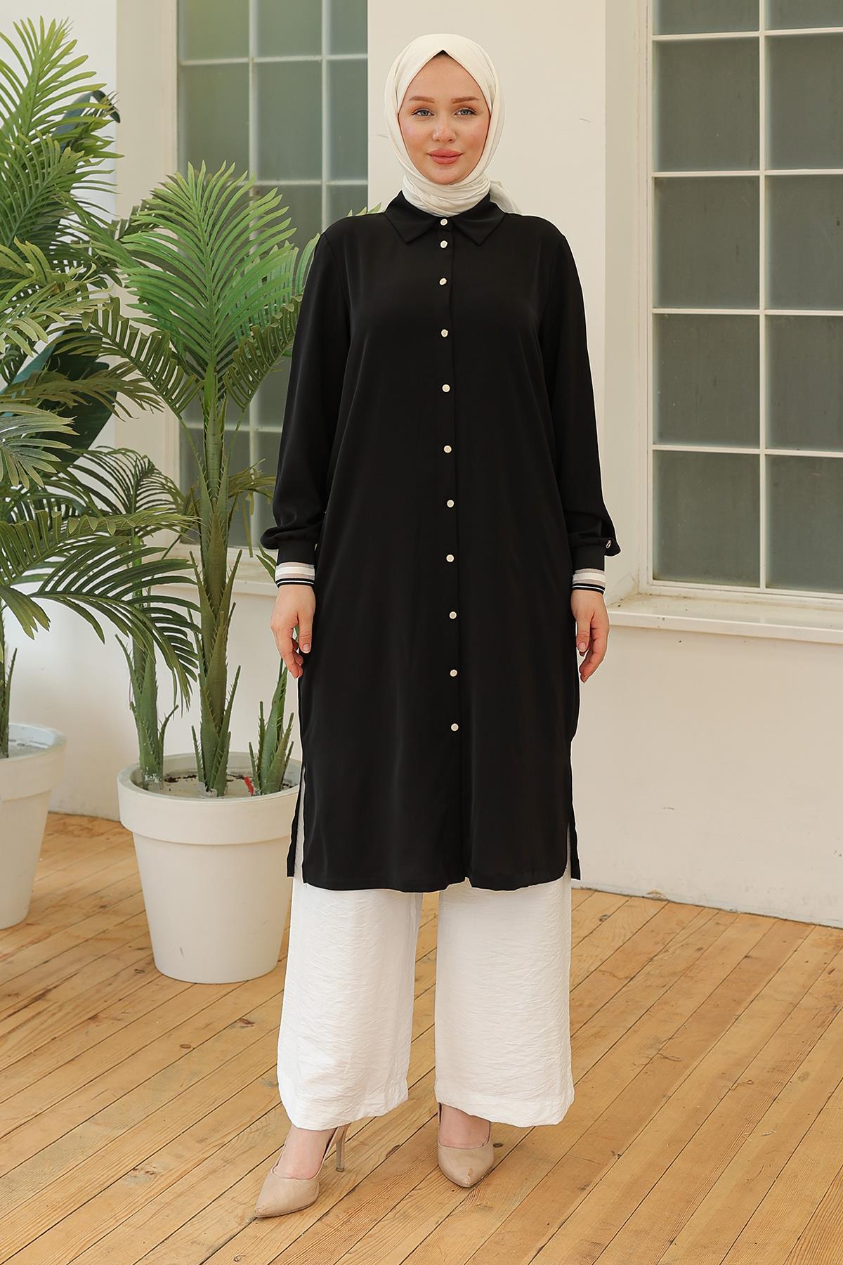 ARMİNE TREND Kolları Ribanalı Düğmeli Tunik Siyah 24YT460