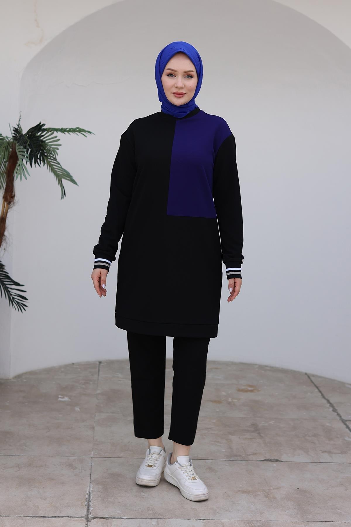 ARMİNE TREND Kolları Ribanalı Tunik-Siyah-İndigo 24KT478