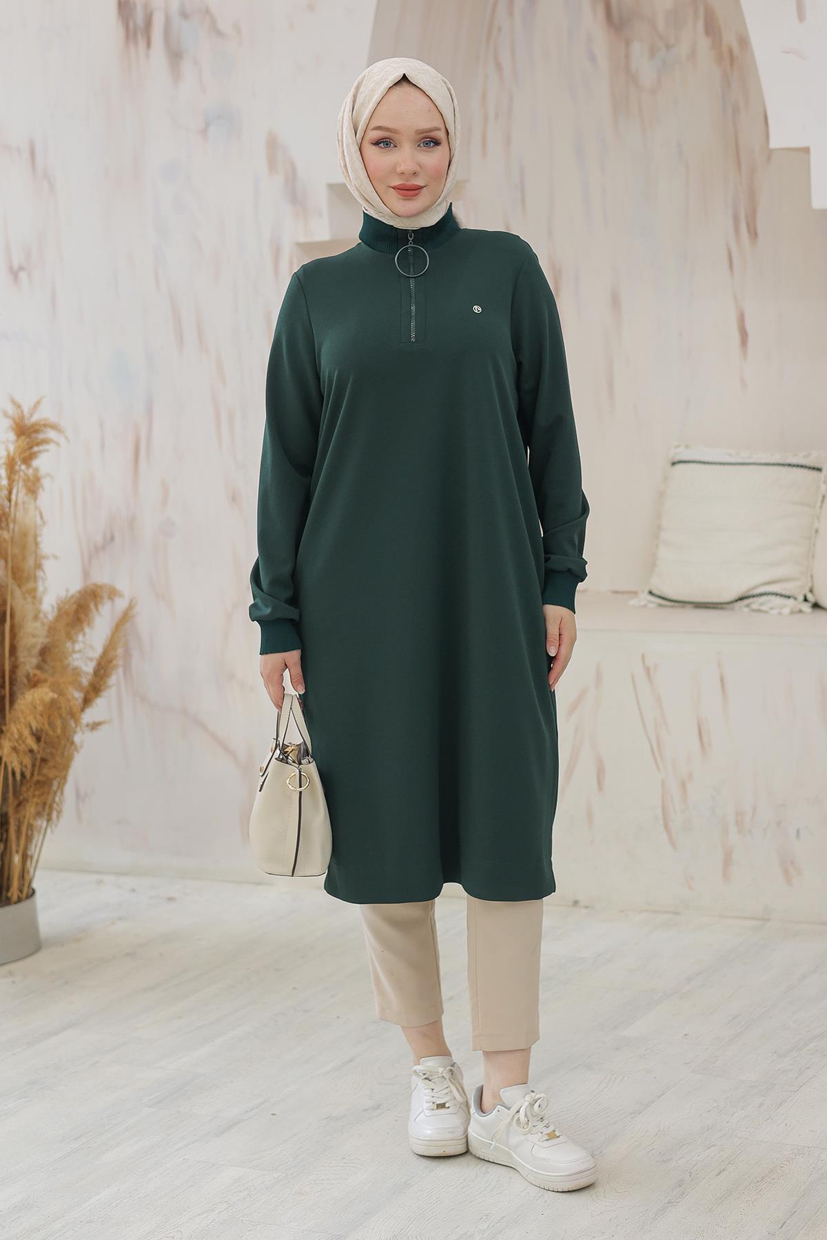 ARMİNE TREND Kolları Ribanalı Yarım Fermuarlı Tunik-Haki 24KT436