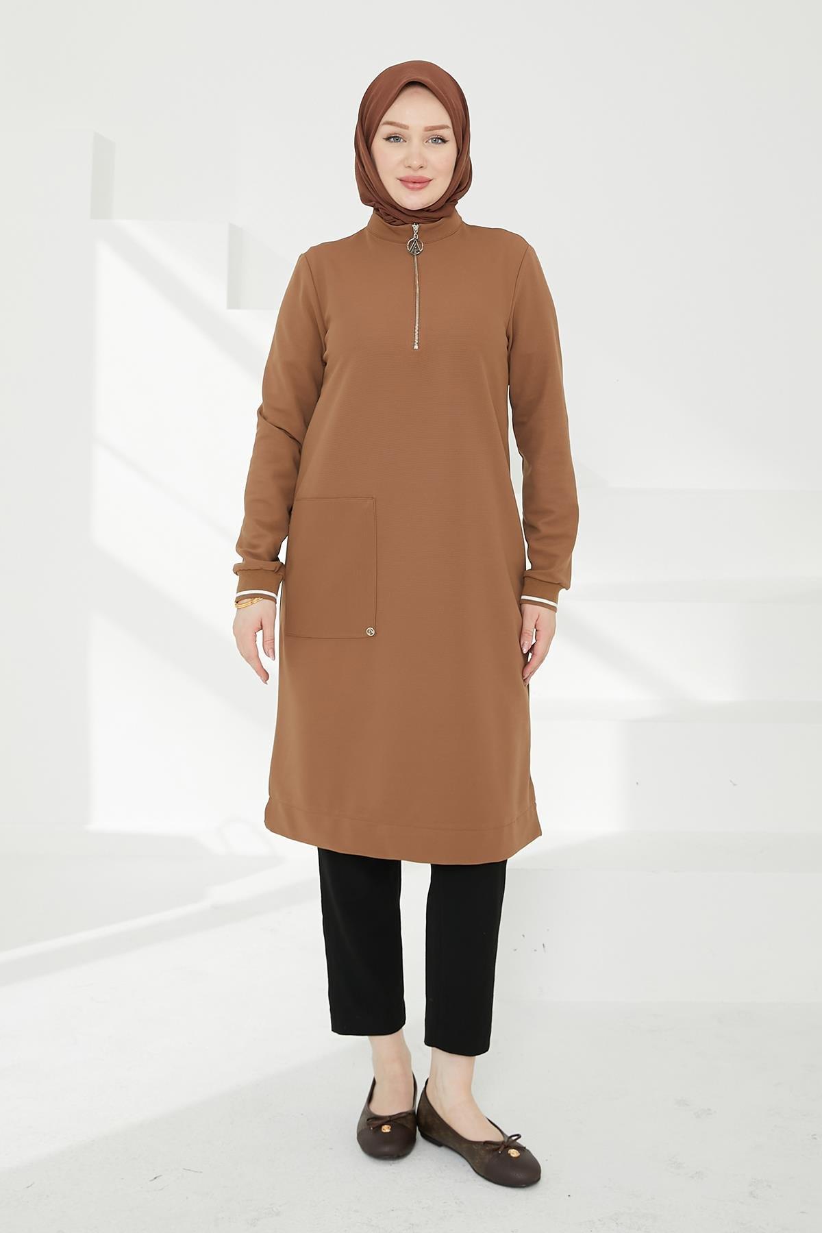 ARMİNE TREND Kolları Ribanalı Yarım Fermuarlı Tunik Camel 24KT453