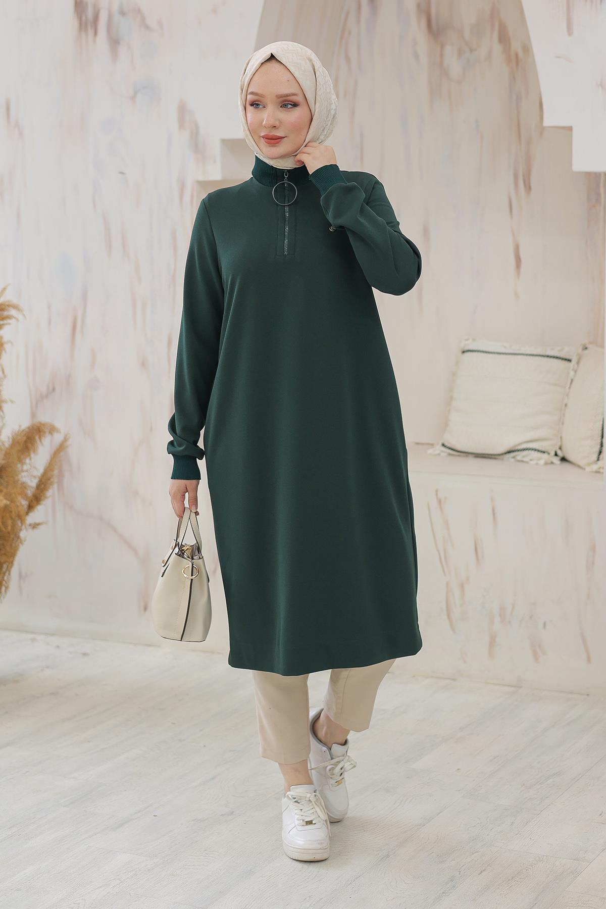 ARMİNE TREND Kolları Ribanalı Yarım Fermuarlı Tunik Zümrüt 24KT436