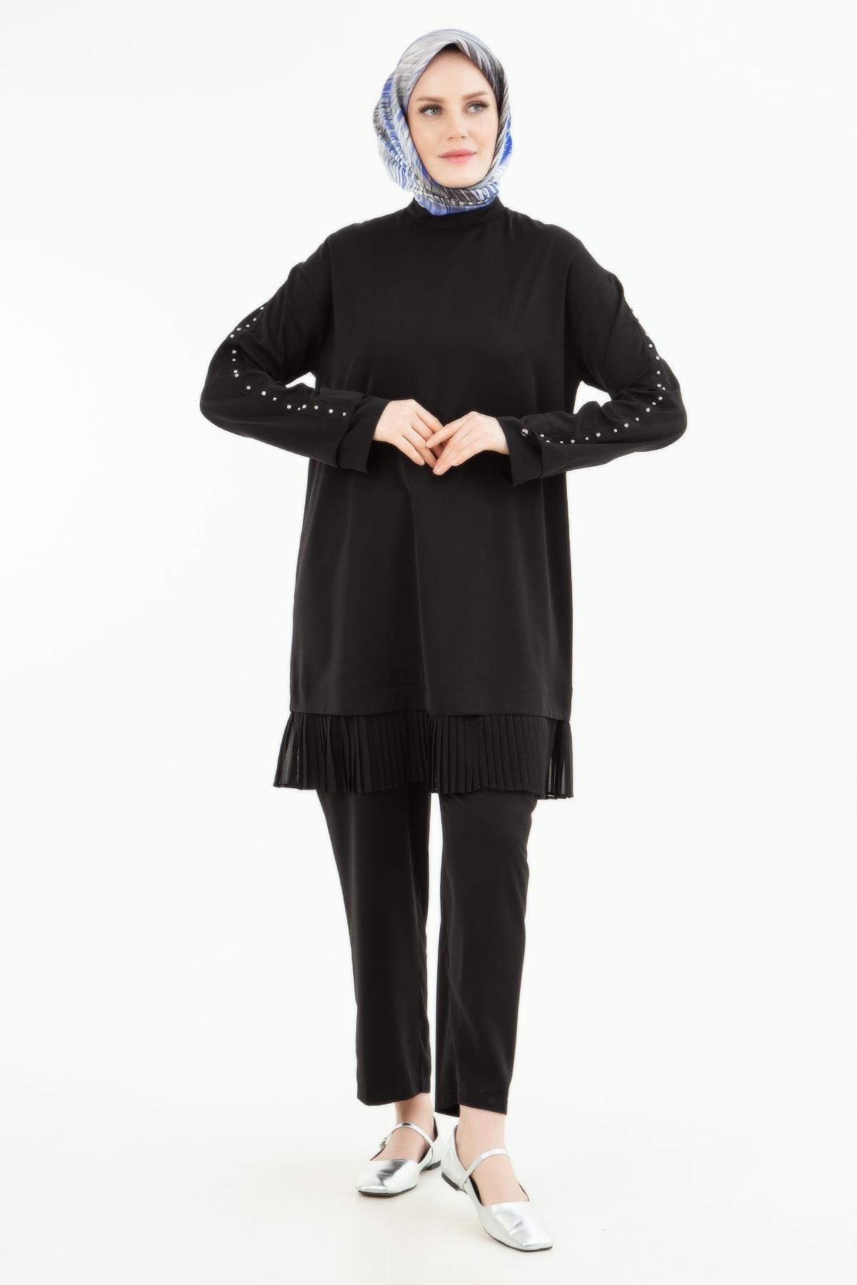 ARMİNE TREND Kolları Taş Detaylı Etek Ucu Piliseli Tunik Beli Lastikli Pantolonlu İkili Takım Siyah 24YT644