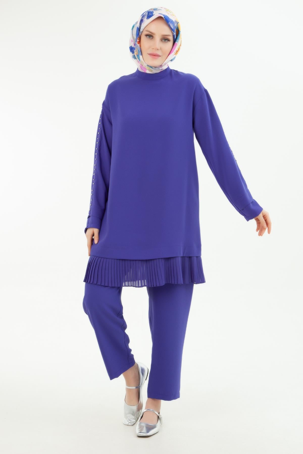 ARMİNE TREND Kolları Taş Detaylı Etek Ucu Piliseli Tunik Beli Lastikli Pantolonlu İkili Takım Menekşe 24YT644