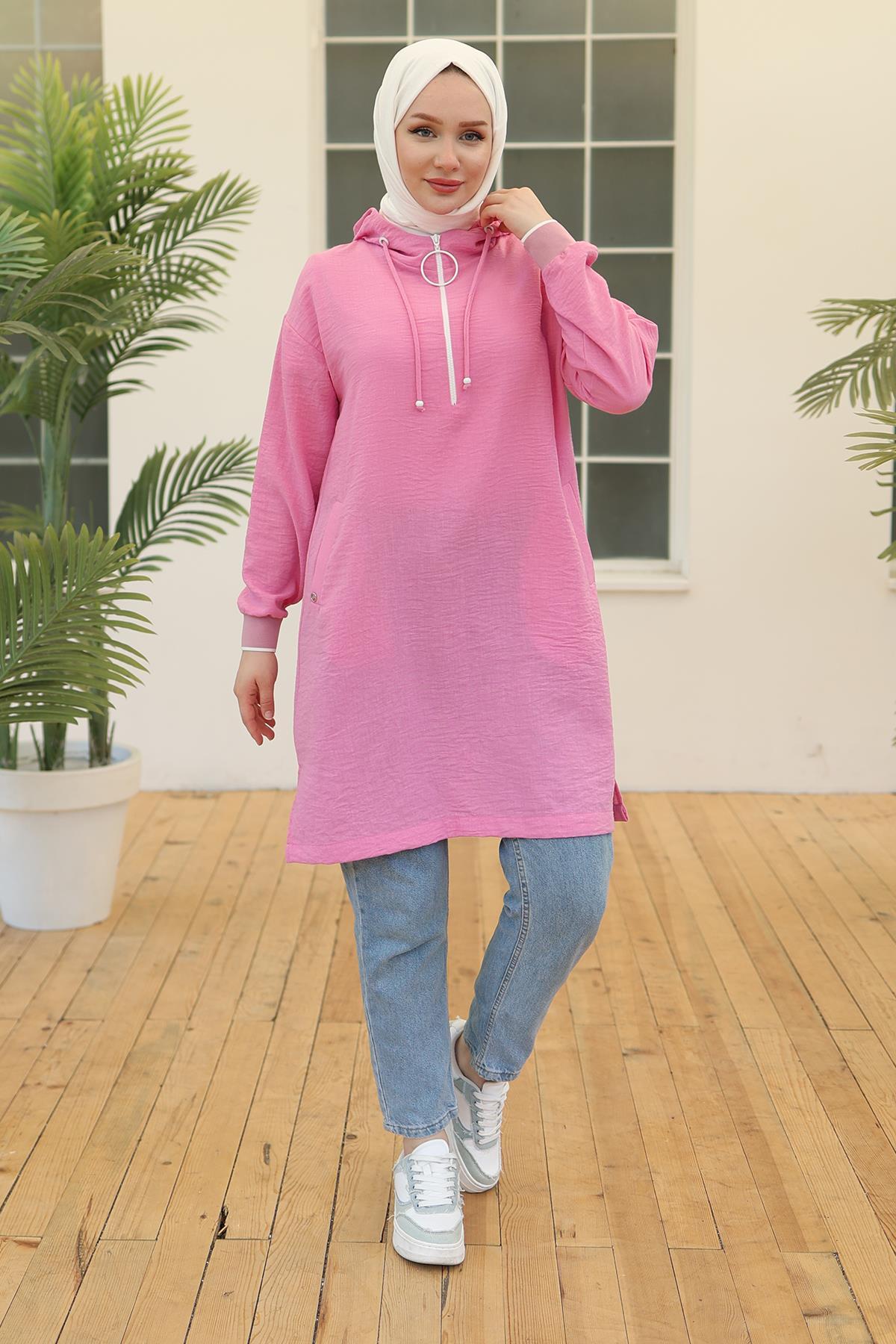 ARMİNE TREND Kollerı Ribanalı Kapüşonlu Yarım Fermuarlı Tunik Pembe 24YT497