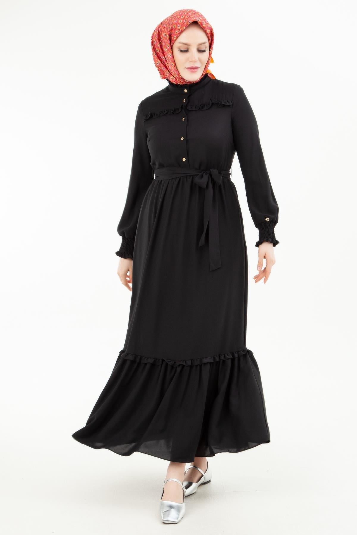 ARMİNE TREND Krep Kumaş İç Astarlı Fırfır Detaylı Elbise Siyah 24YT909