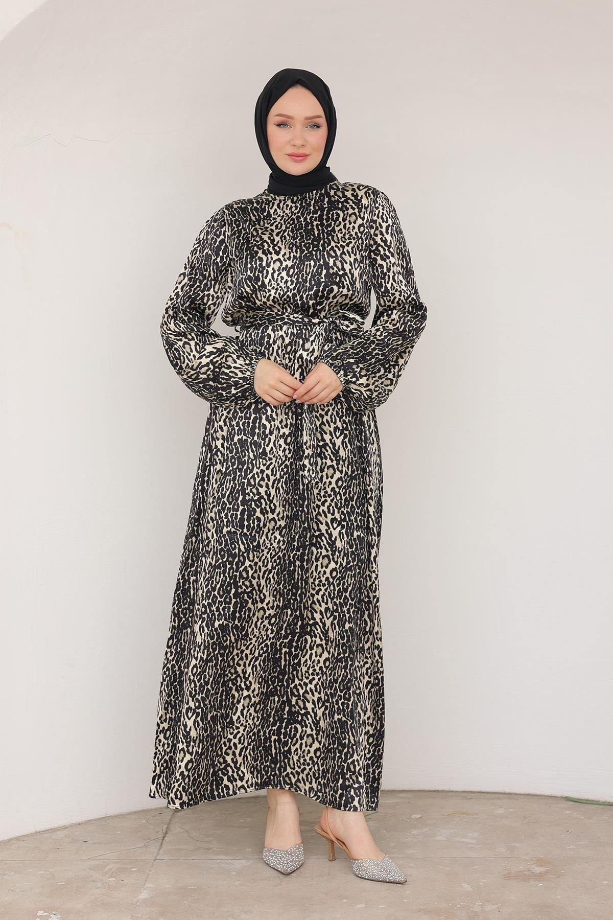 ARMİNE TREND Leopar Desenli Beli Kemerli Elbise Siyah 24KT904