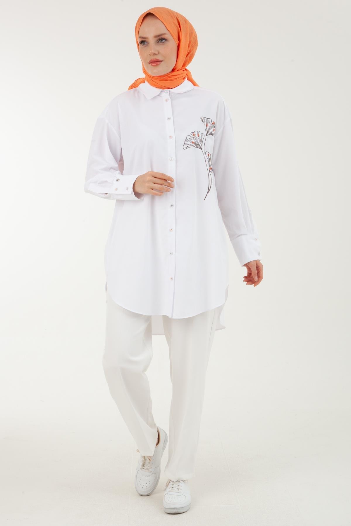 ARMİNE TREND Nakış Detaylı Kolları Pileli Salaş Tunik-Beyaz 23YT435