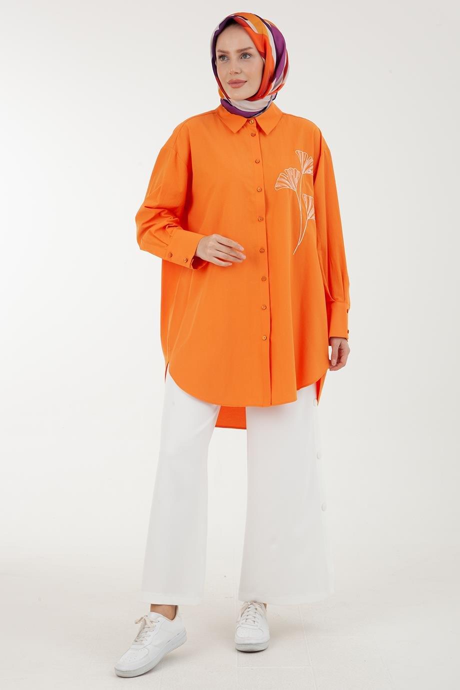 ARMİNE TREND Nakış Detaylı Kolları Pileli Salaş Tunik-Oranj 23YT435