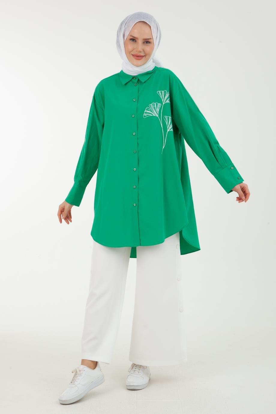 ARMİNE TREND Nakış Detaylı Kolları Pileli Salaş Tunik-Yeşil 23YT435