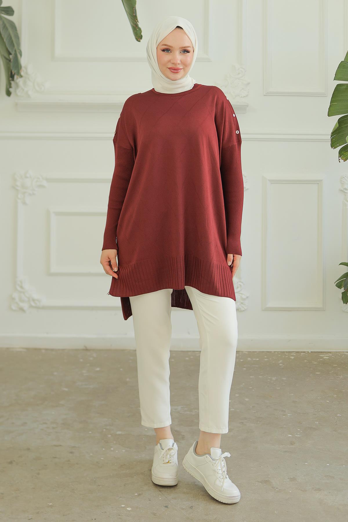 ARMİNE TREND Omuzları Düğme Detaylı Triko Tunik-Bordo 24KTD407