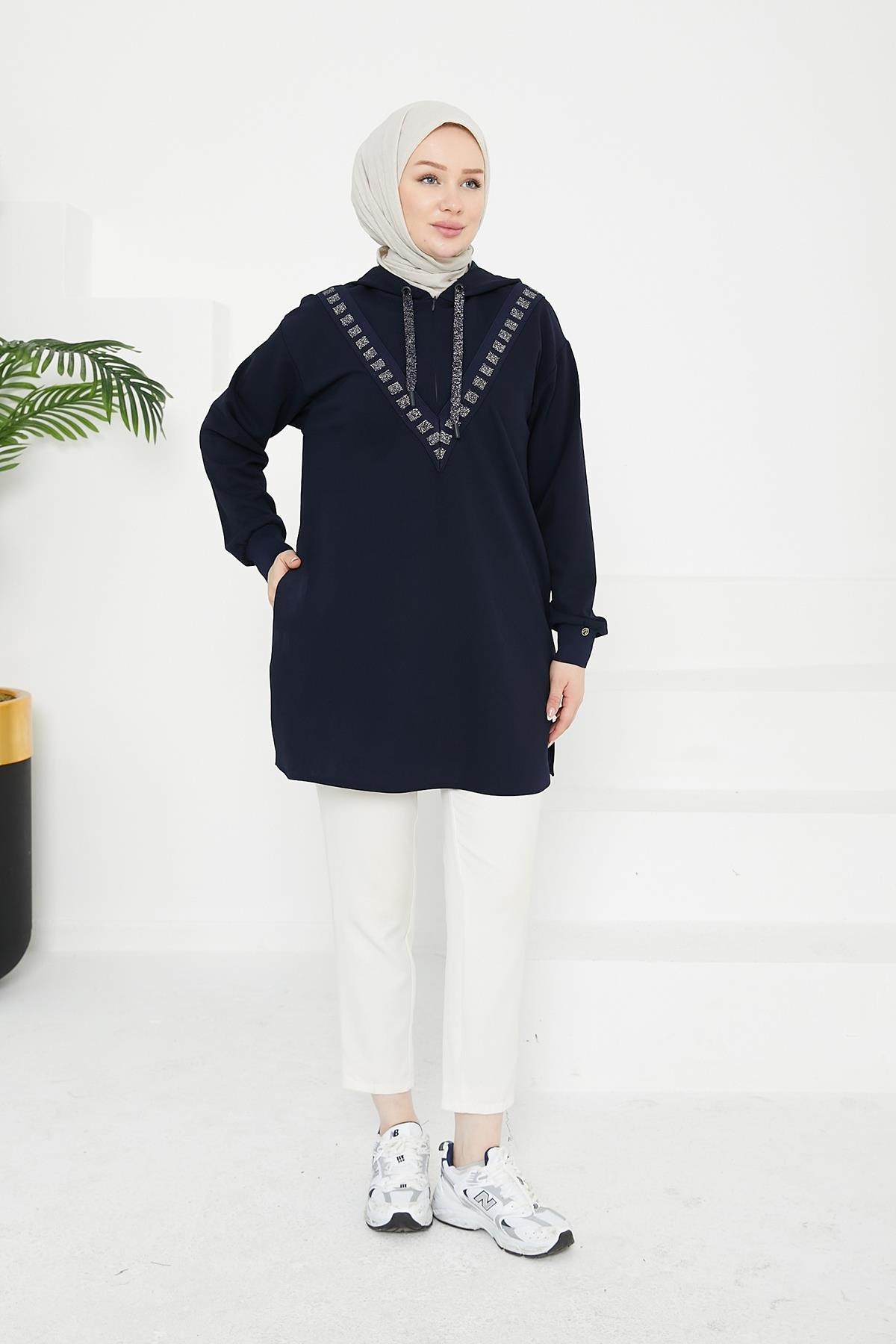 ARMİNE TREND Önden İşleme Detaylı Kapüşonlu Tunik-Lacivert 24KT433