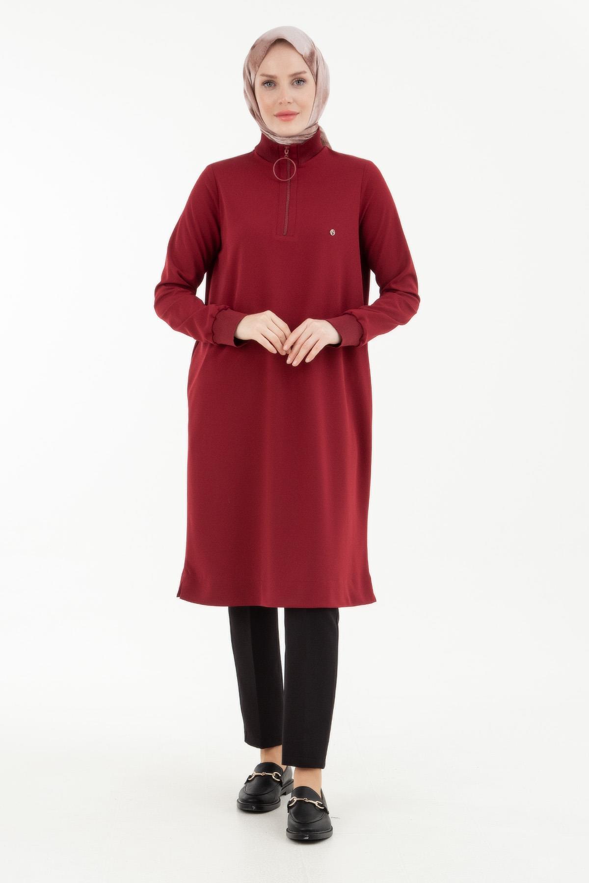 ARMİNE TREND Örme Kumaş Yakası Fermuarlı Ribanalı Kışlık Tunik-Bordo 23KT442