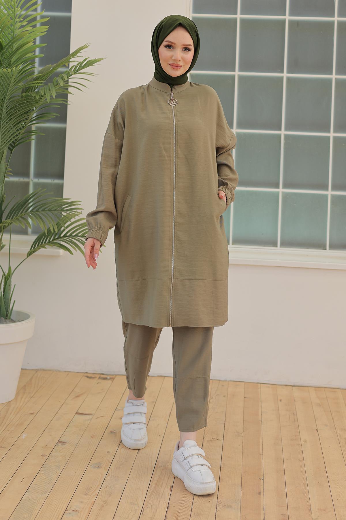ARMİNE TREND Pantolonlu Boydan Fermuarlu İkili Takım Haki 24YT695