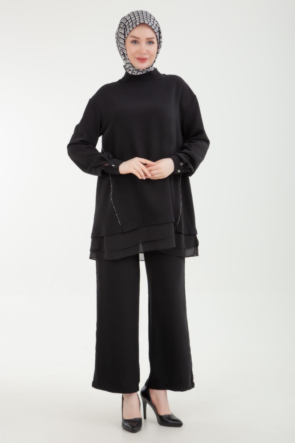 ARMİNE TREND Pantolonlu Taş Detaylı İkili Takım Siyah 24YT647