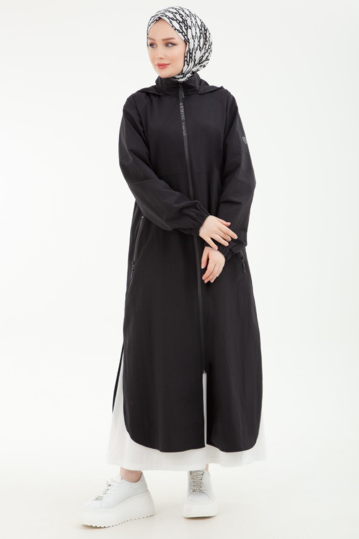 ARMİNE TREND Paraşüt Kumaşlı Kolları Lastikli Kapüşonlu Pardesü Siyah 24YT514