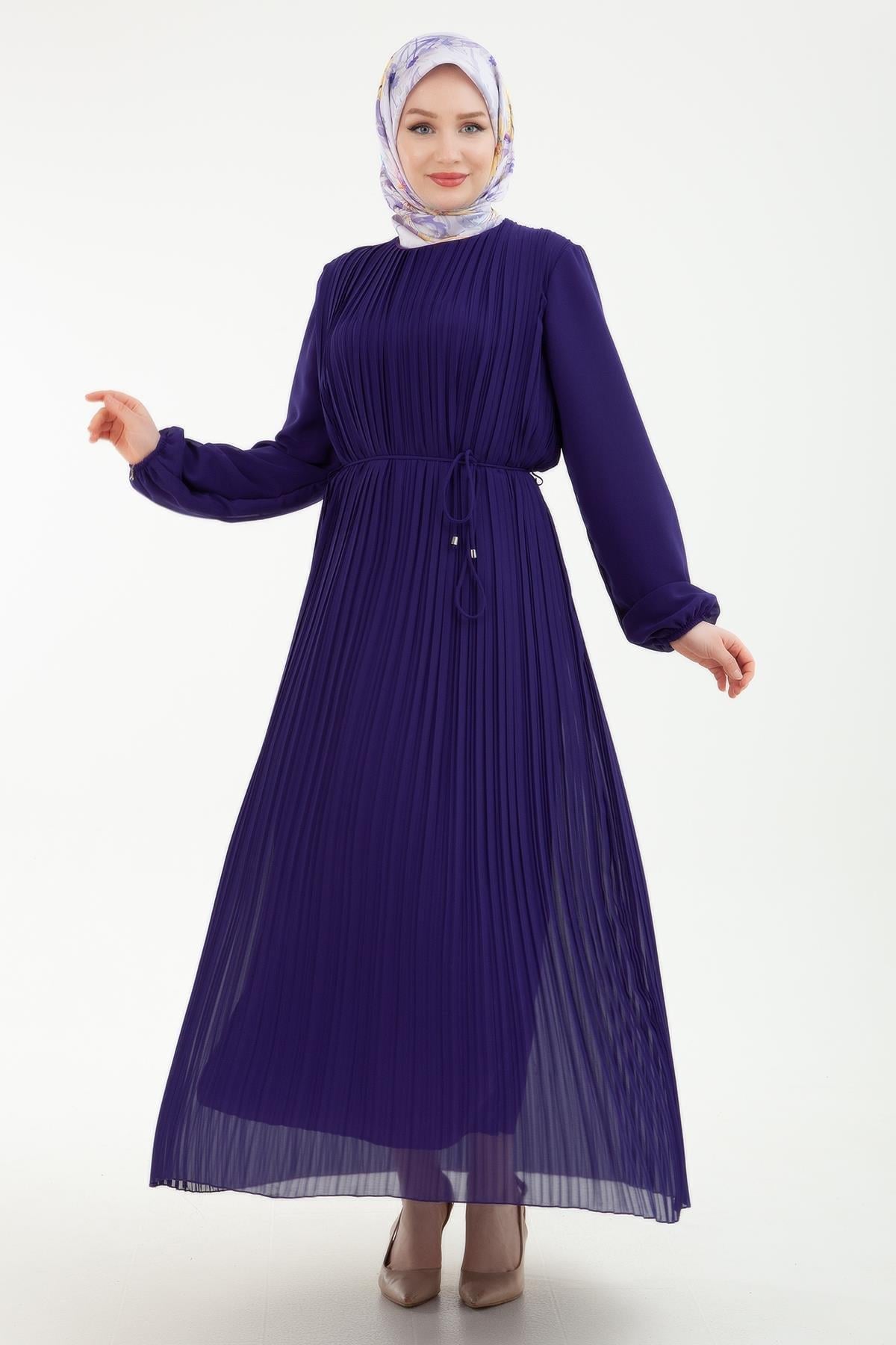 ARMİNE TREND Pilise Detaylı Kolları Lastikli Elbise Mor 23KT905