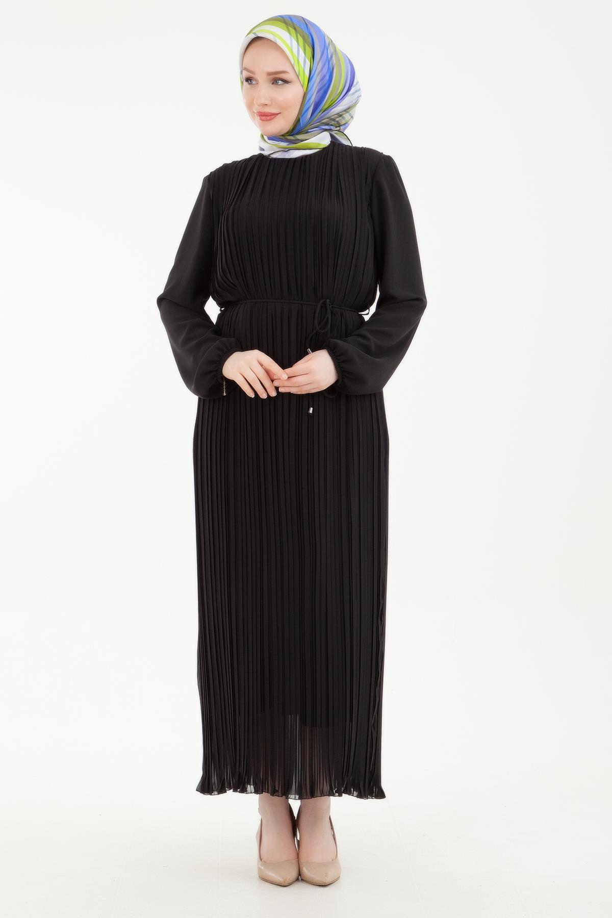 ARMİNE TREND Pilise Detaylı Kolları Lastikli Elbise Siyah 23KT905