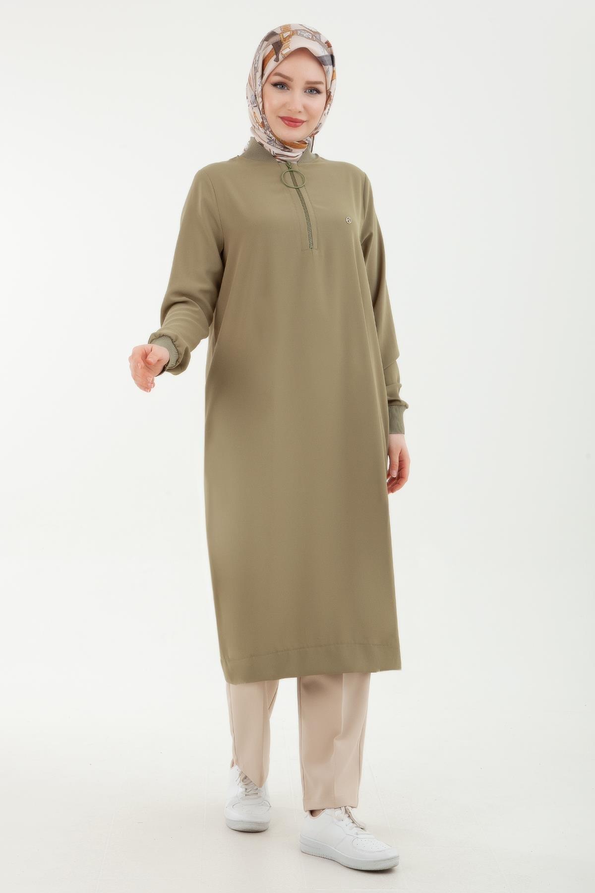 ARMİNE TREND Ribanalı Fermuarlı Krep Kumaşlı Tunik Açık Haki 24YT436