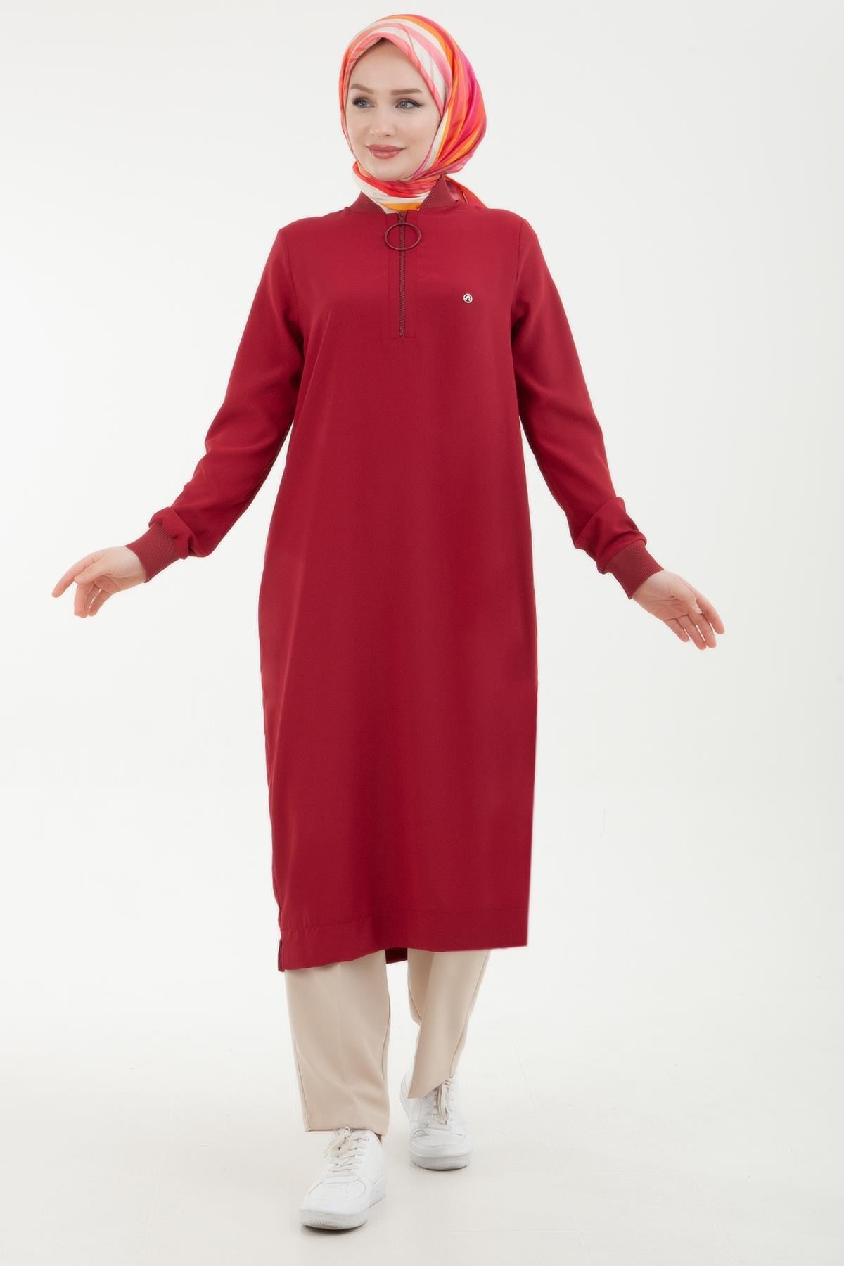 ARMİNE TREND Ribanalı Fermuarlı Krep Kumaşlı Tunik Bordo 24YT436