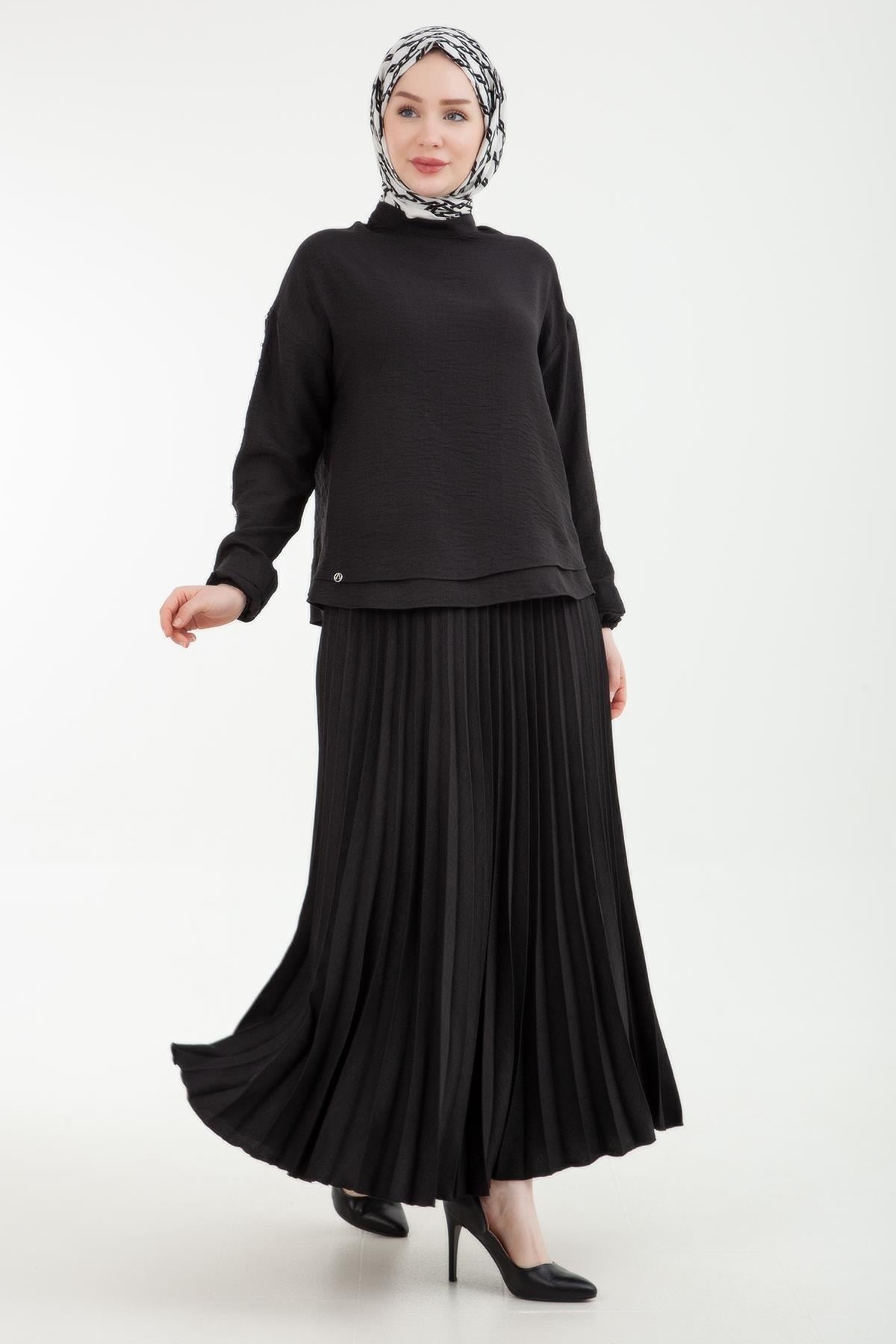 ARMİNE TREND Taş Detaylı Pliseli Etekli İkli Takım Siyah 24YT652