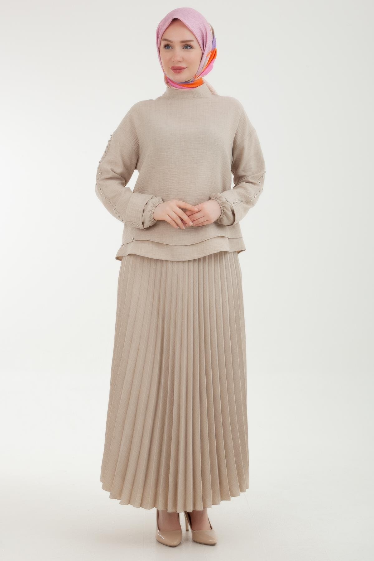 ARMİNE TREND Taş Detaylı Pliseli Etekli İkli Takım Taş 24YT652