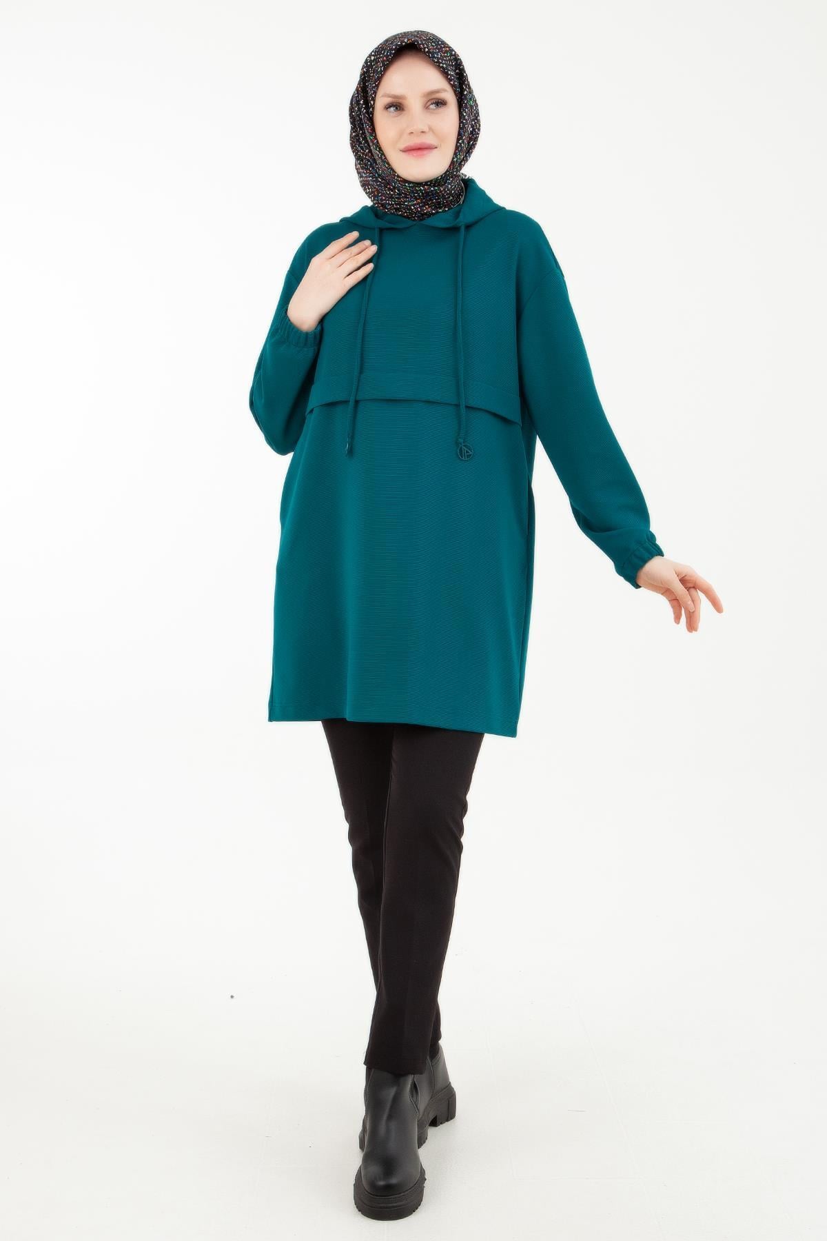 ARMİNE TREND Yandan Cepli Kolları Lastikli Kapüşonlu Tunik-Petrol 23KT446