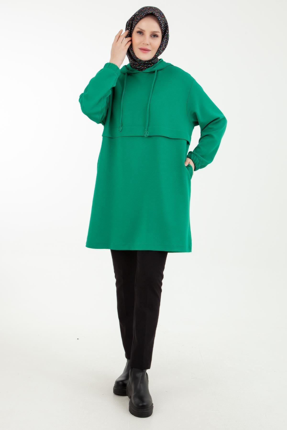 ARMİNE TREND Yandan Cepli Kolları Lastikli Kapüşonlu Tunik-Yeşil 23KT446