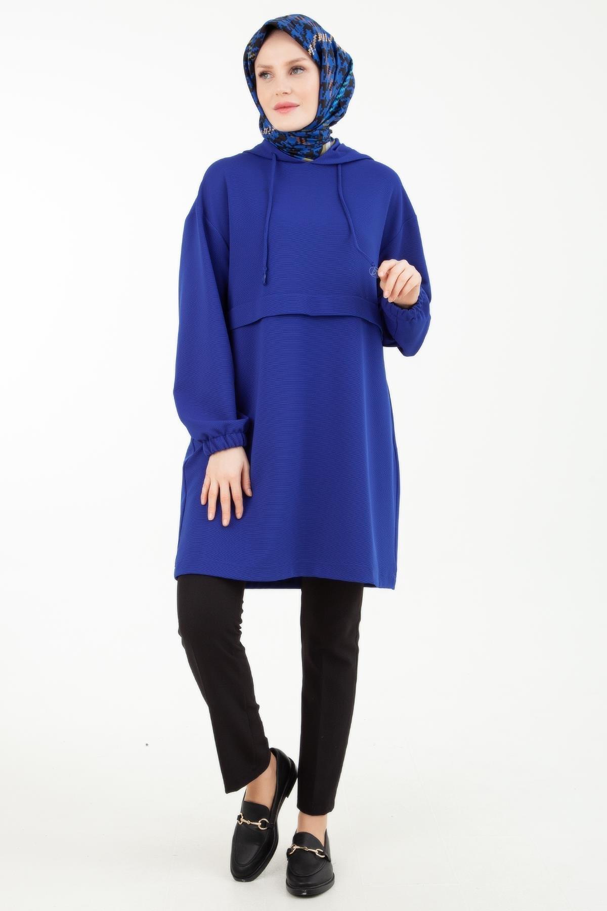 ARMİNE TREND Yandan Cepli Kolları Lastikli Kapüşonlu Tunik-Sax 23KT446