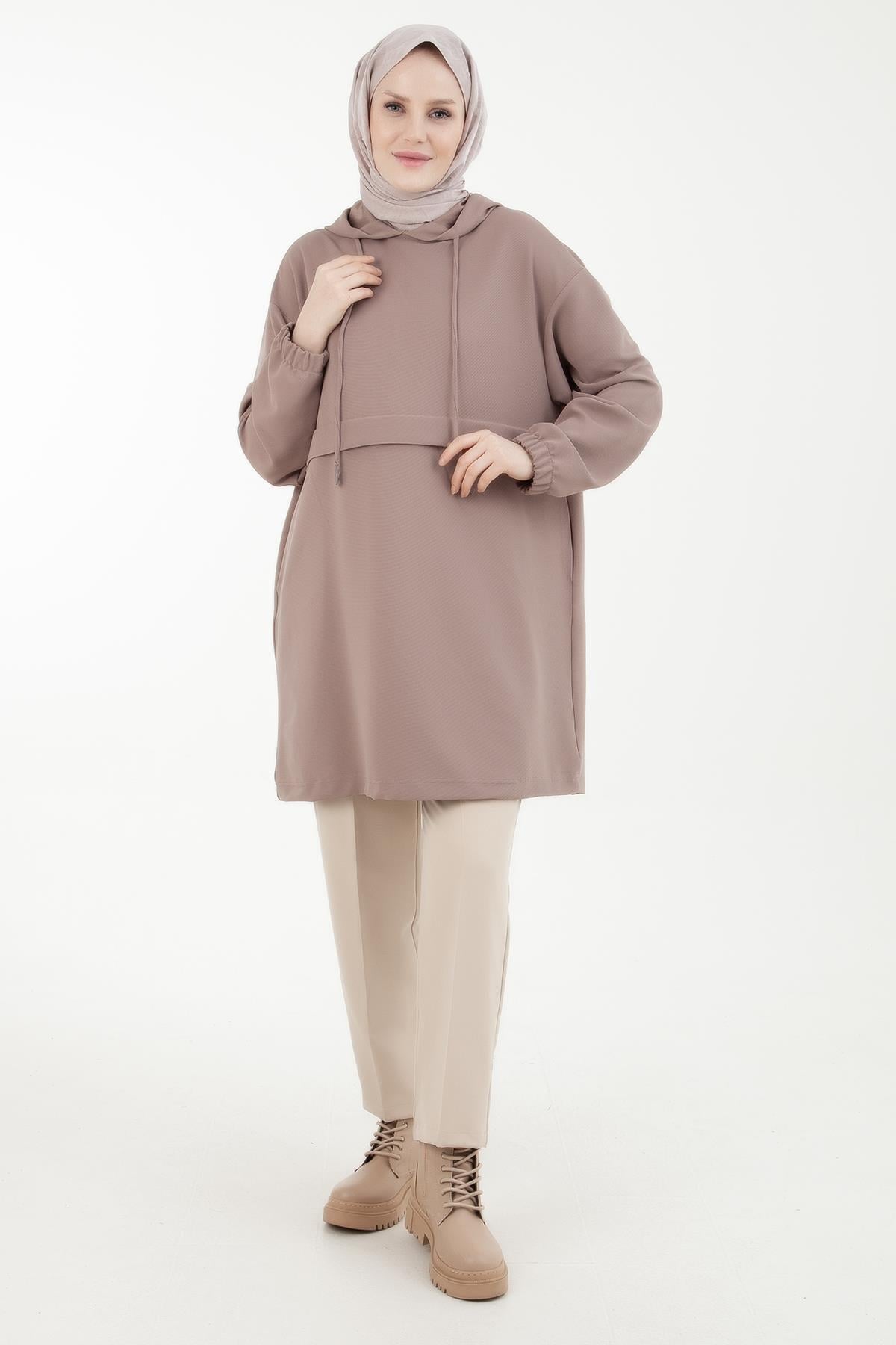 ARMİNE TREND Yandan Cepli Kolları Lastikli Kapüşonlu Tunik-Vizon 23KT446