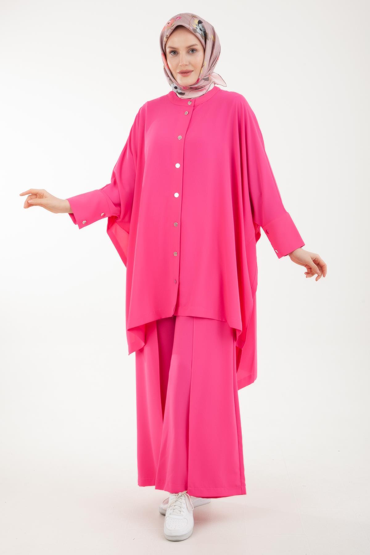 ARMİNE TREND Yarasa Kollu Çıt Çıtlı Pantolonlu İkili Takım Fuşya 23YT634