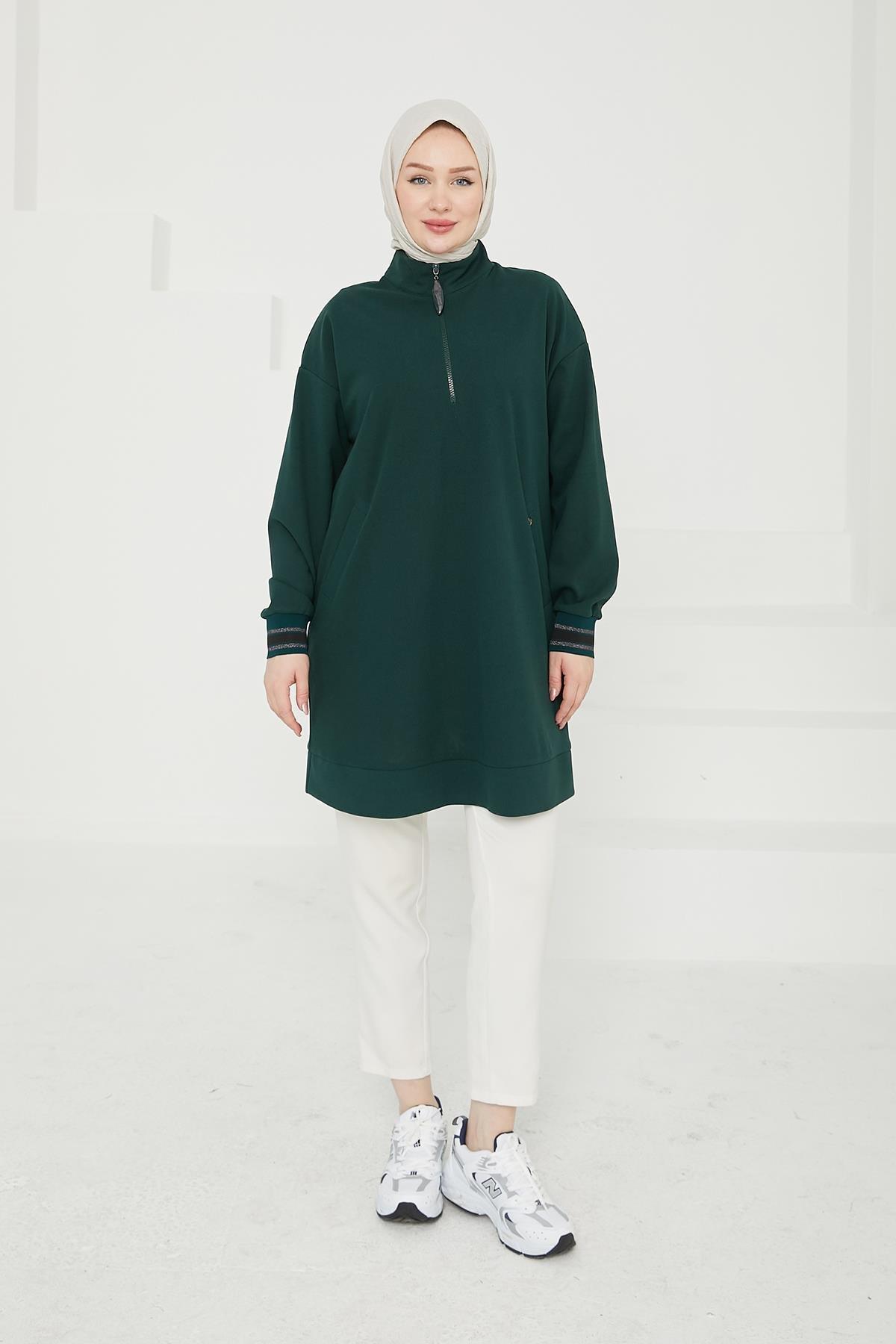 ARMİNE TREND Yarım Fermuarlı Kolları Ribanalı Tunik-Zümrüt 24KT480
