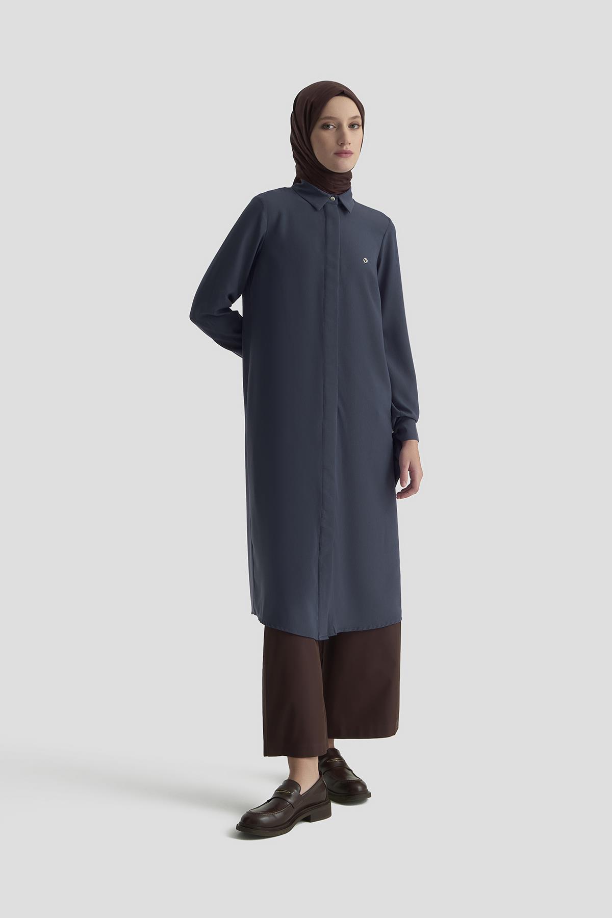 ARMİNE TREND Gizli Düğmeli Kol Detaylı Gömlek Yakalı Tunik İndigo 25YT4158