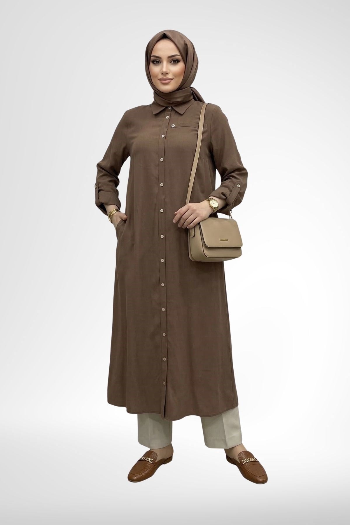 Armine Trend Boydan Düğmeli Cep Detaylı Gömlek Yaka Uzun Tunik Kahverengi 26YT404