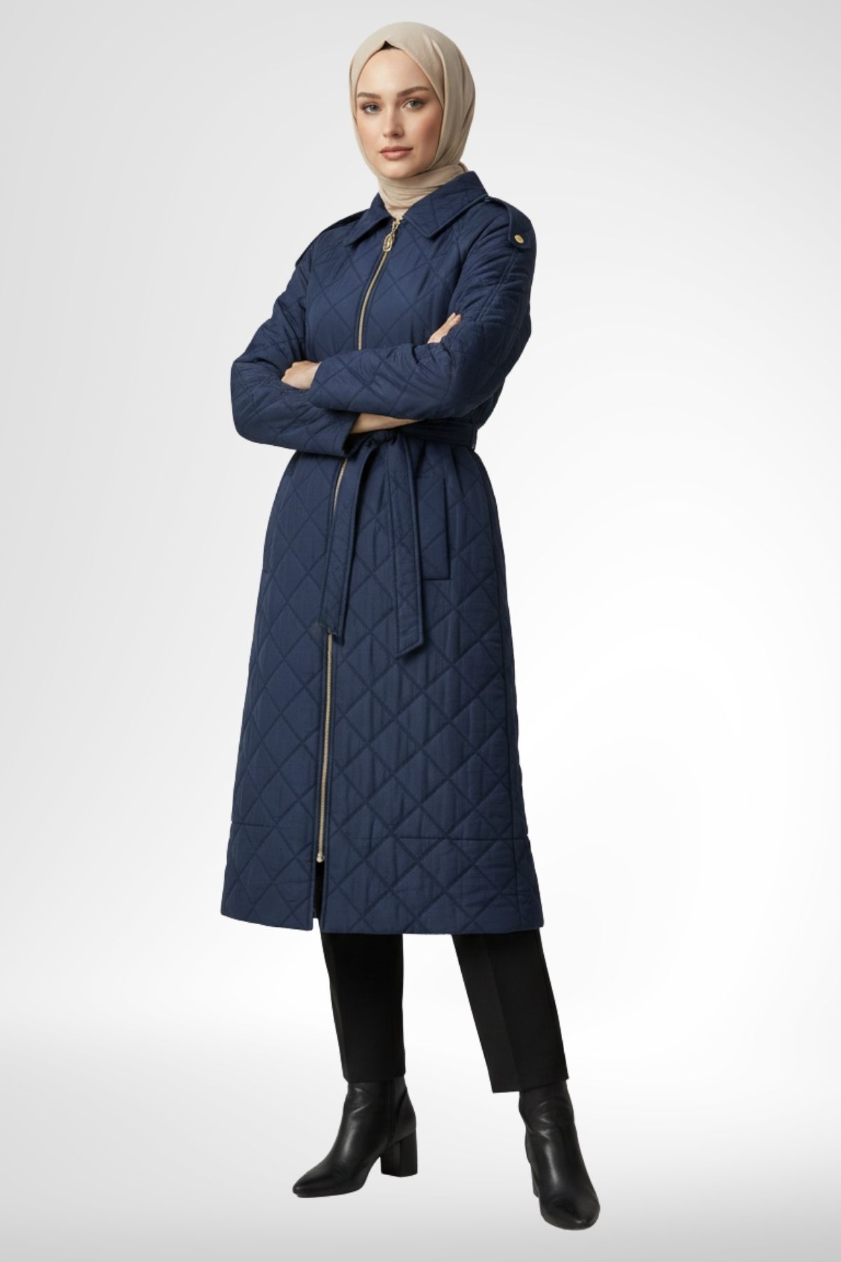 Armine Trend Kabartma Desenli Boydan Fermuarlı Belden Kuşaklı Giy Çık Lacivert 26YT529