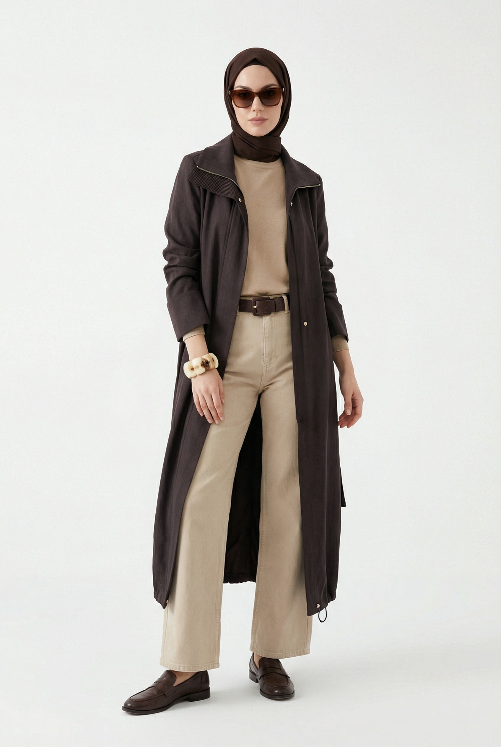 Armine Trend Yakası File Detaylı Belden Kuşaklı Yandan Fermuarlı Kap Kahverengi 26YT702