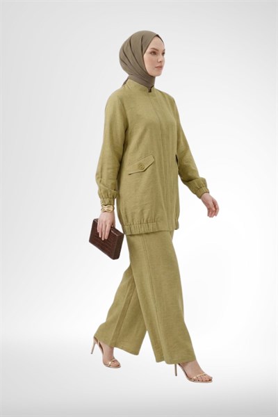 Armine Trend Cep Detaylı Fermuarlı Keten Takım Olive 26YT612