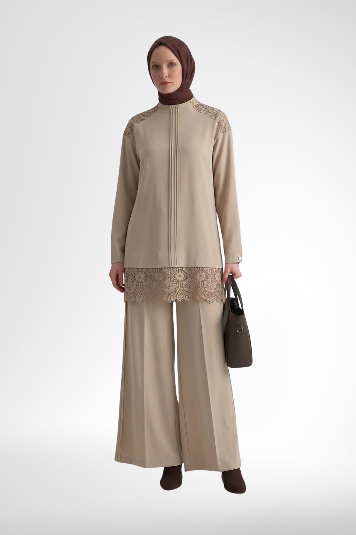 Armine Trend 26YT660 Dantel Detaylı Kadın Pantolonlu Takım Bej