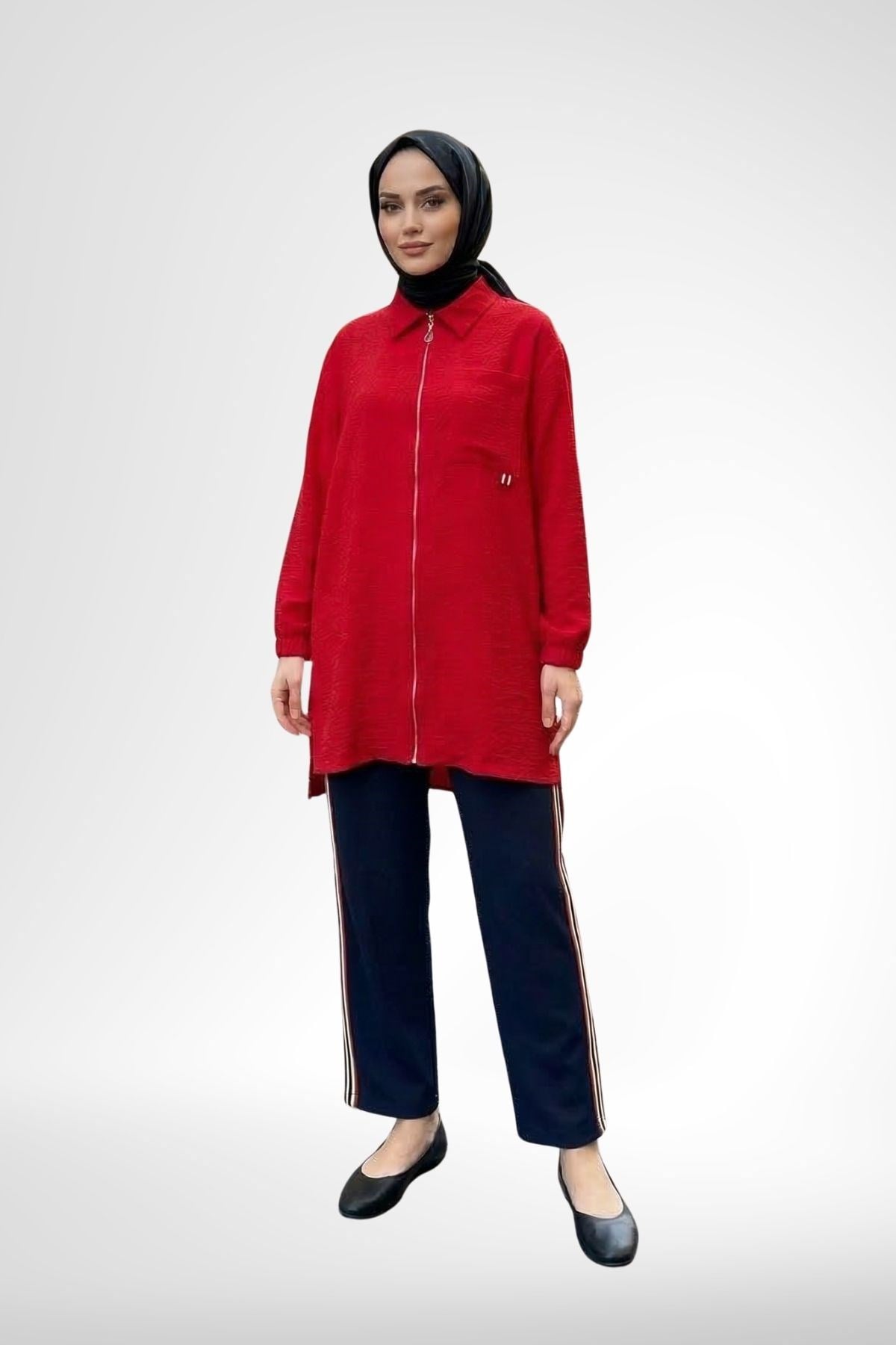 Armine Trend 26YT605 Çizgi Biye Detay Pantolonlu Takım - Kırmızı