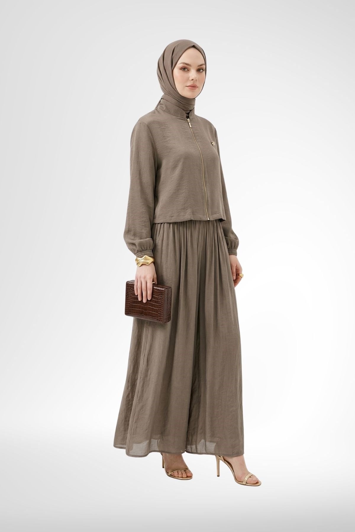 Armine Trend Broş Detay Şifon Etekli Takım Vizon 26YT649