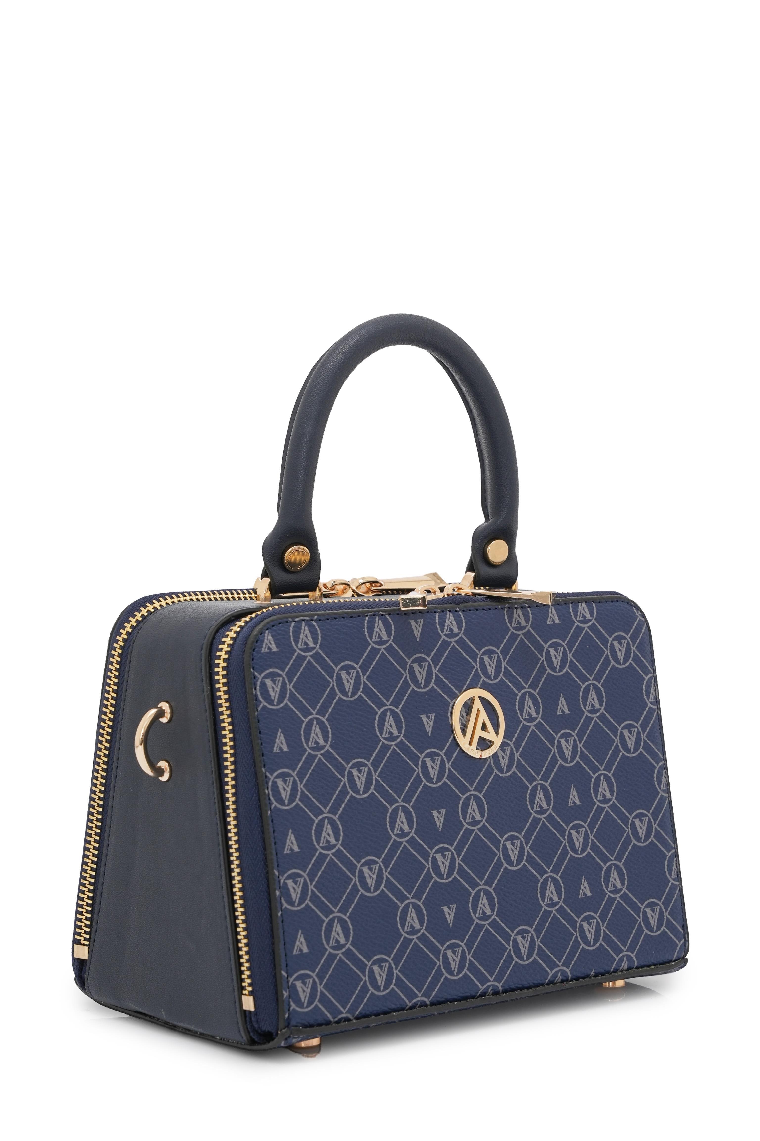 Armine Trend Piramit Çift Körüklü Omuz ve El Çantası Lacivert Baskılı ARM168