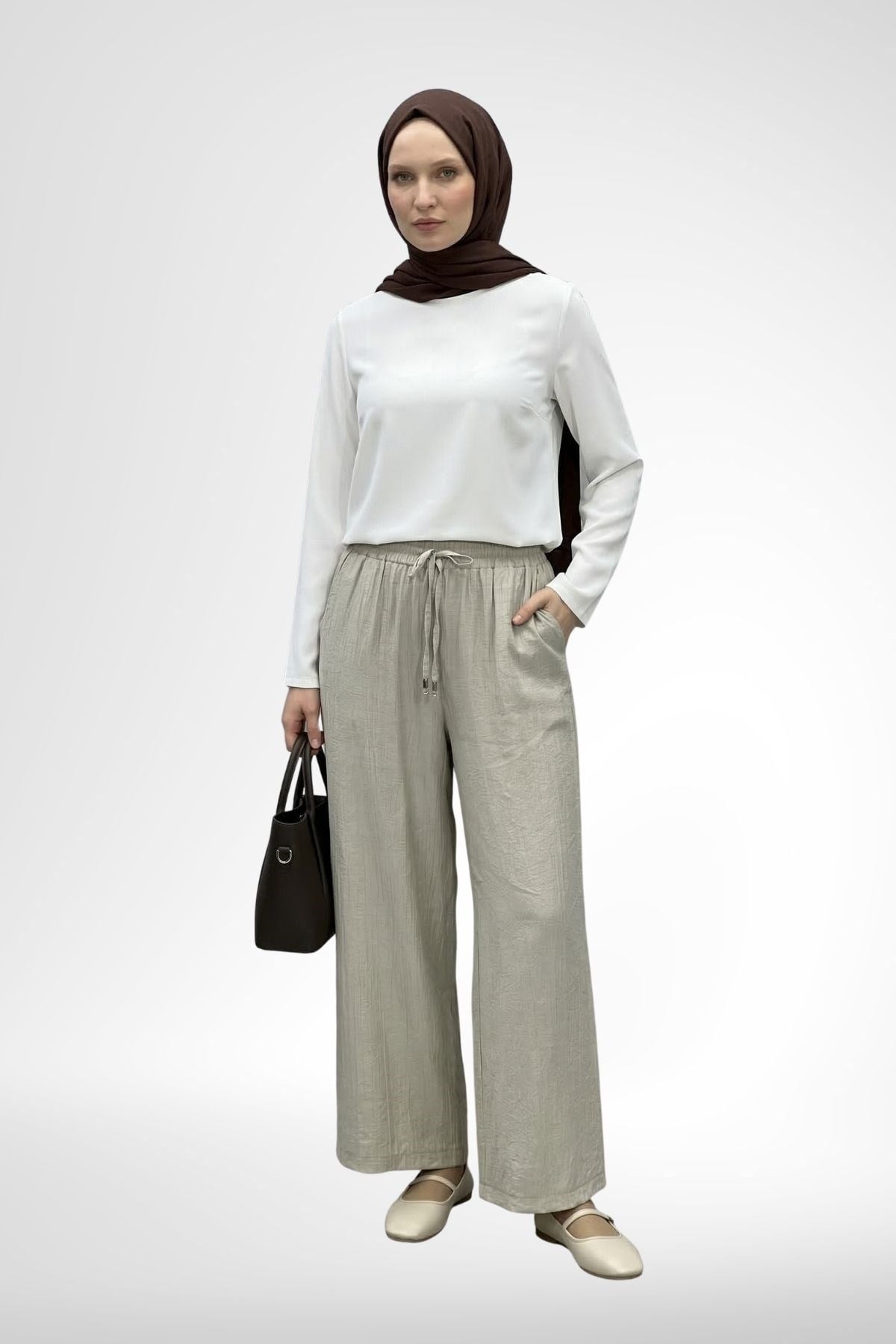 Armine Trend Belden Bağcıklı ve Lastikli Pantolon Taş 26YT220