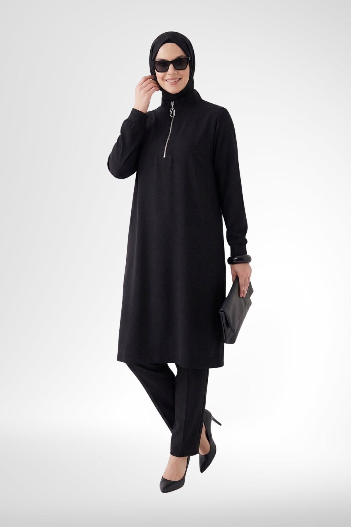Armine Trend 26YT446 Yarım Fermuar Detay Büyük Beden Tunik Siyah