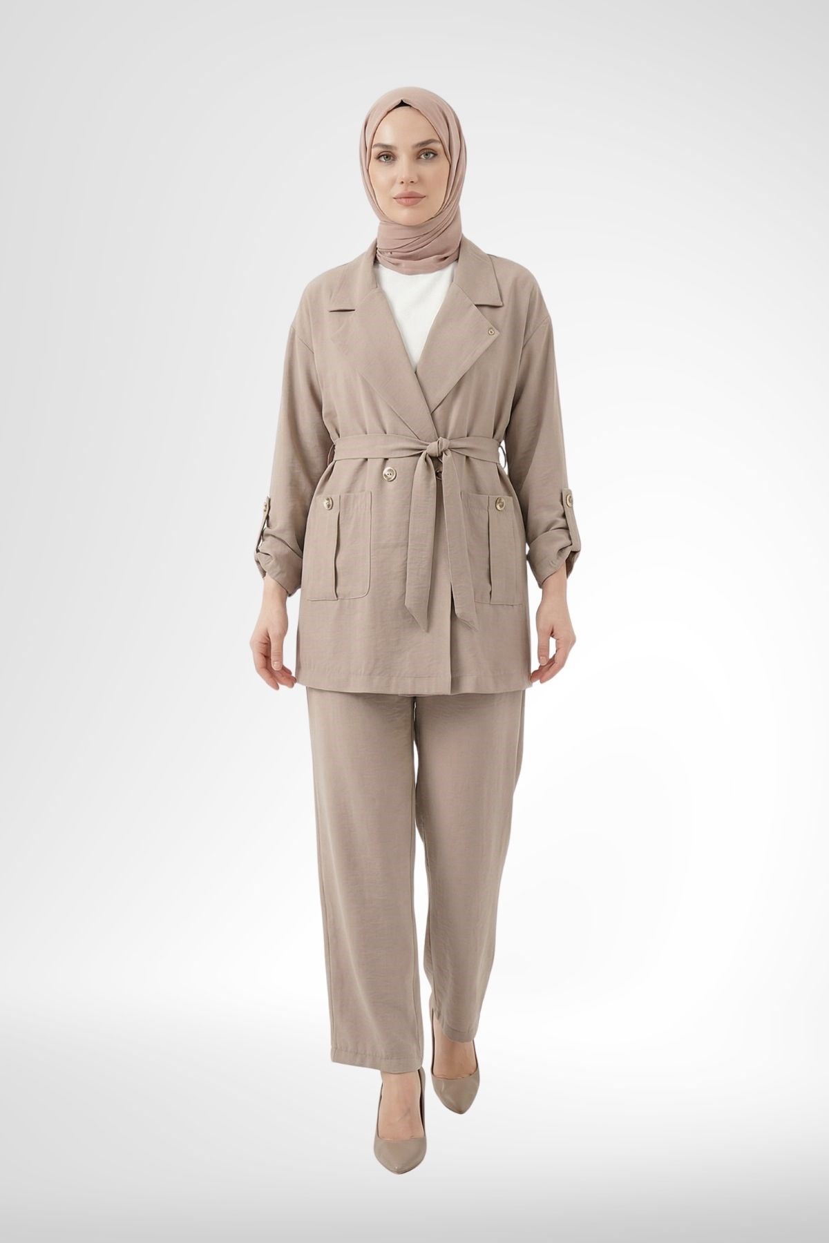 Armine Trend Kruvaze Ceketli Pantolonlu Takım Bej 26YTD6113