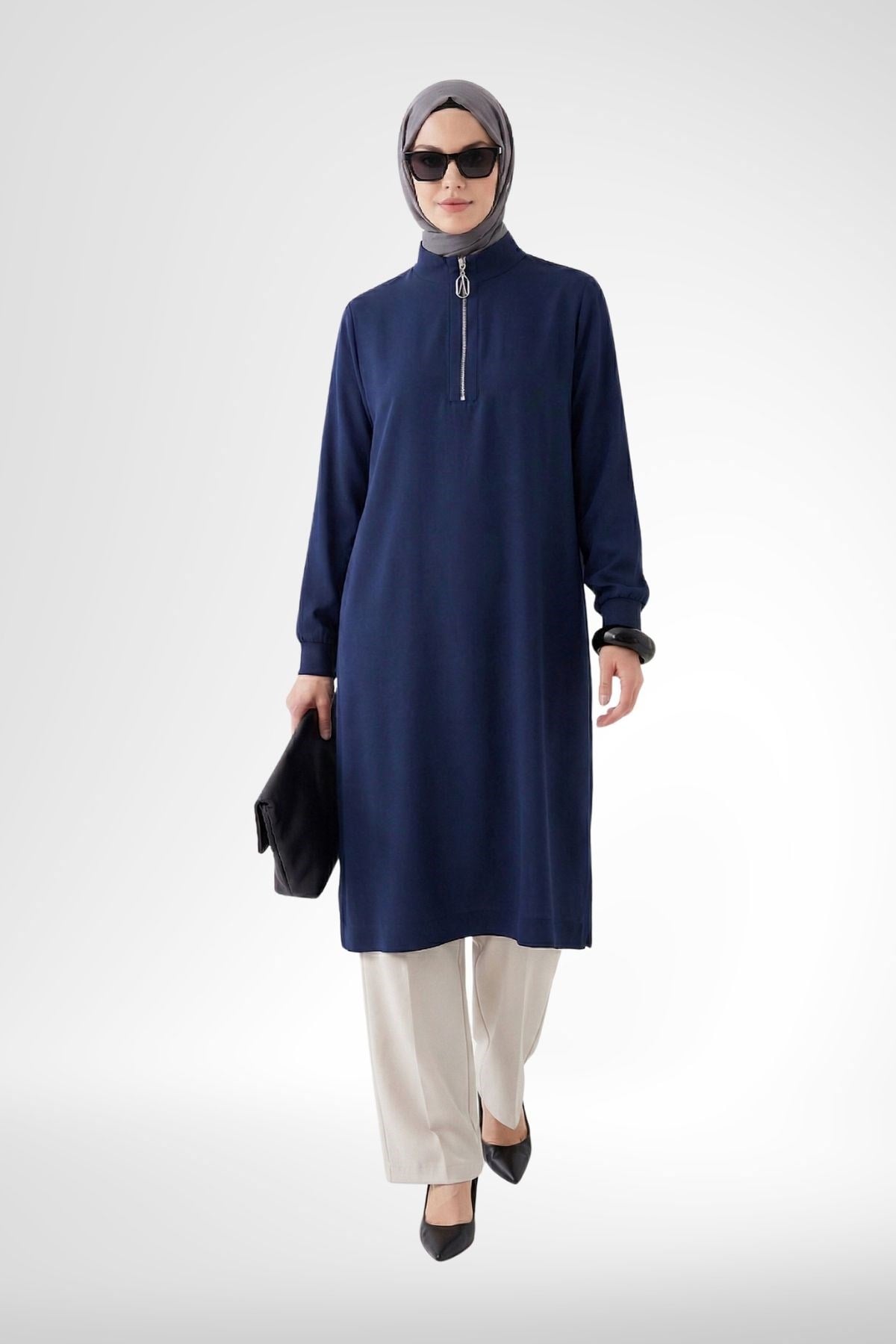 Armine Trend 26YT446 Yarım Fermuar Detay Büyük Beden Tunik Lacivert