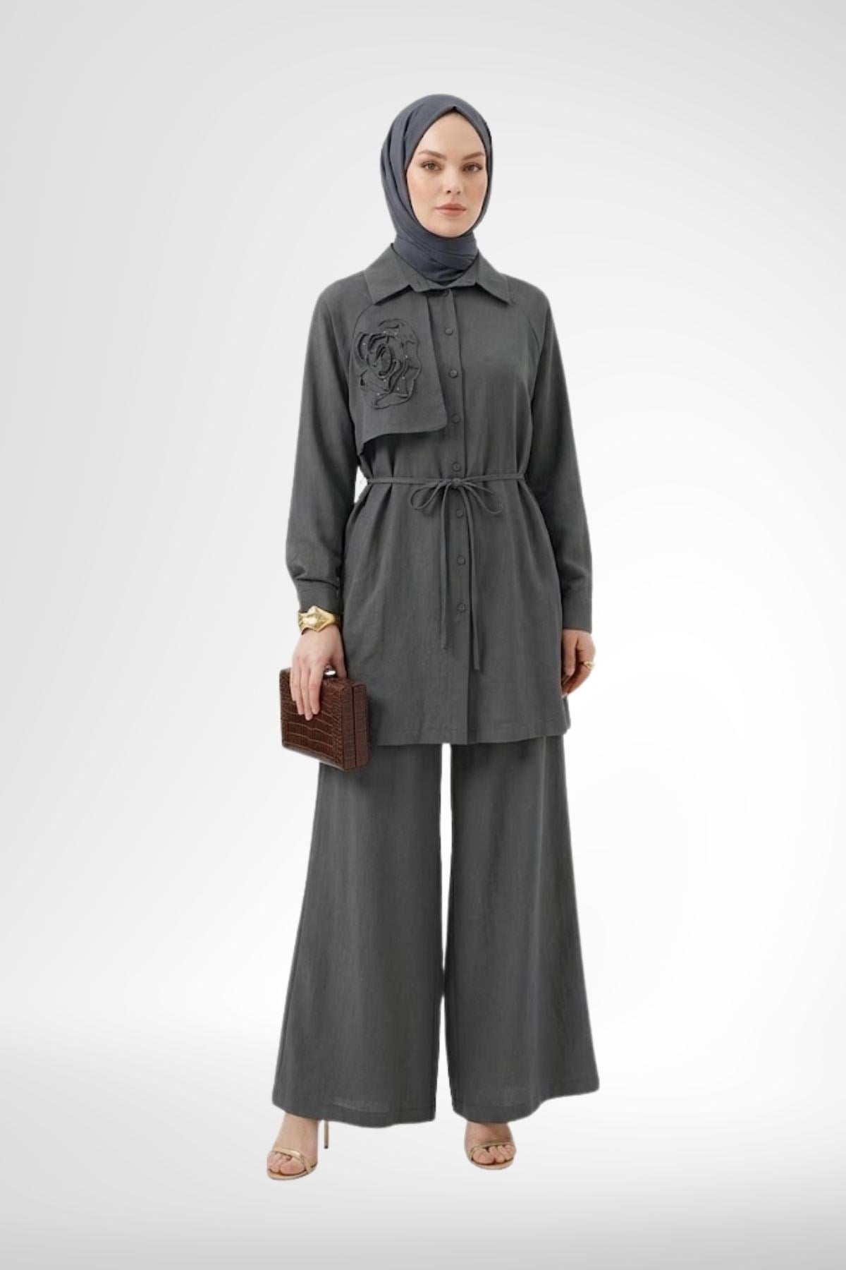 Armine Trend Gülü Taş İşlemeli Pantolonlu Takım Gri 26YT652