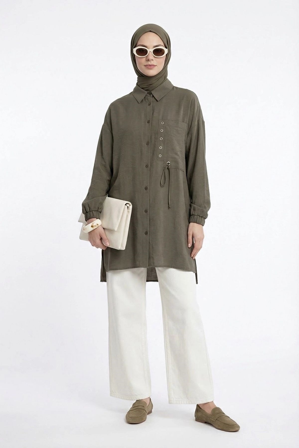 Armine Trend Cebi Kuşgözü ve Bağcık Detaylı Tunik Haki 26YTD451