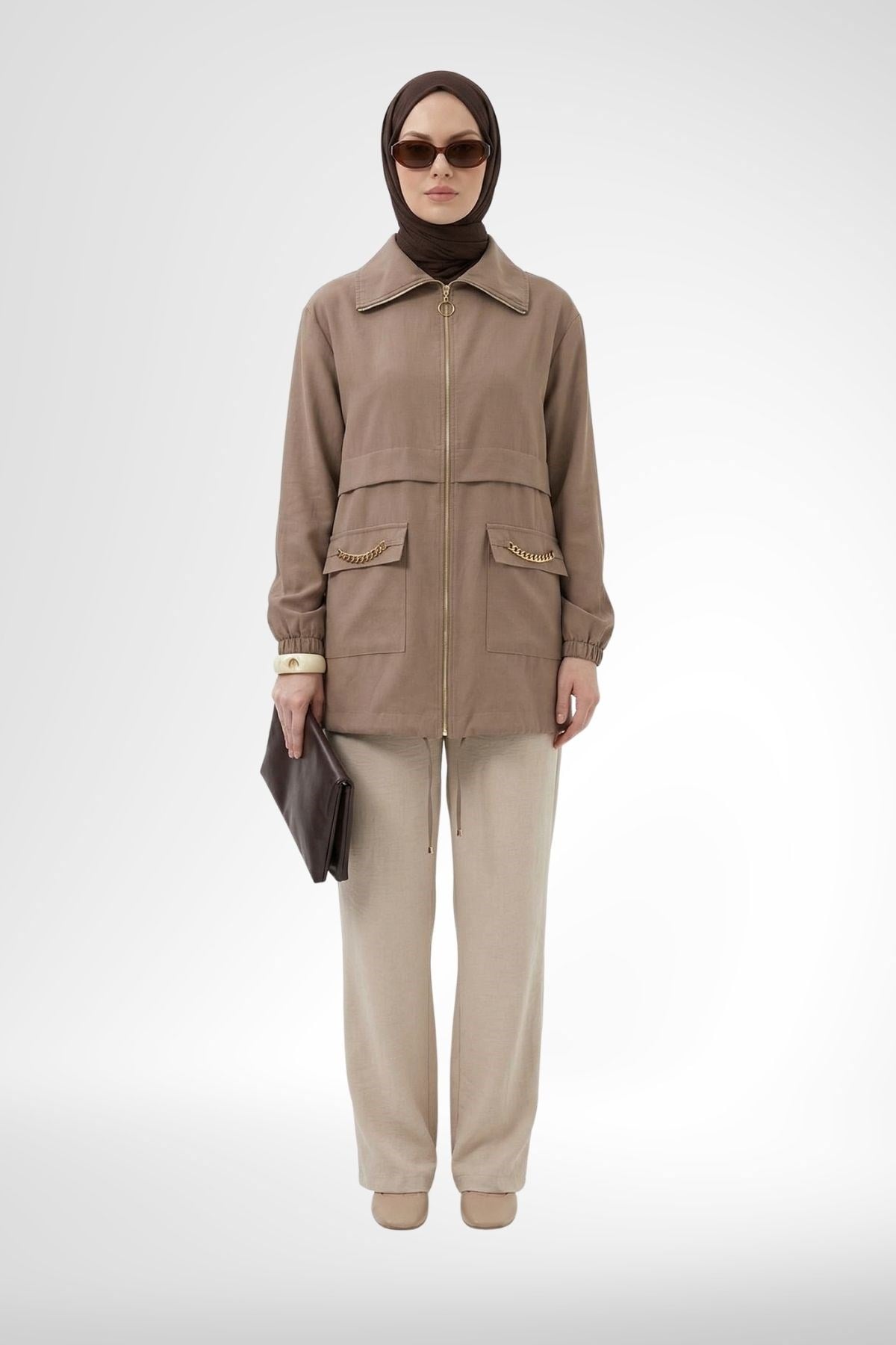 Armine Trend Fermuarlı Beli İpli Ceket Vizon 26YT515