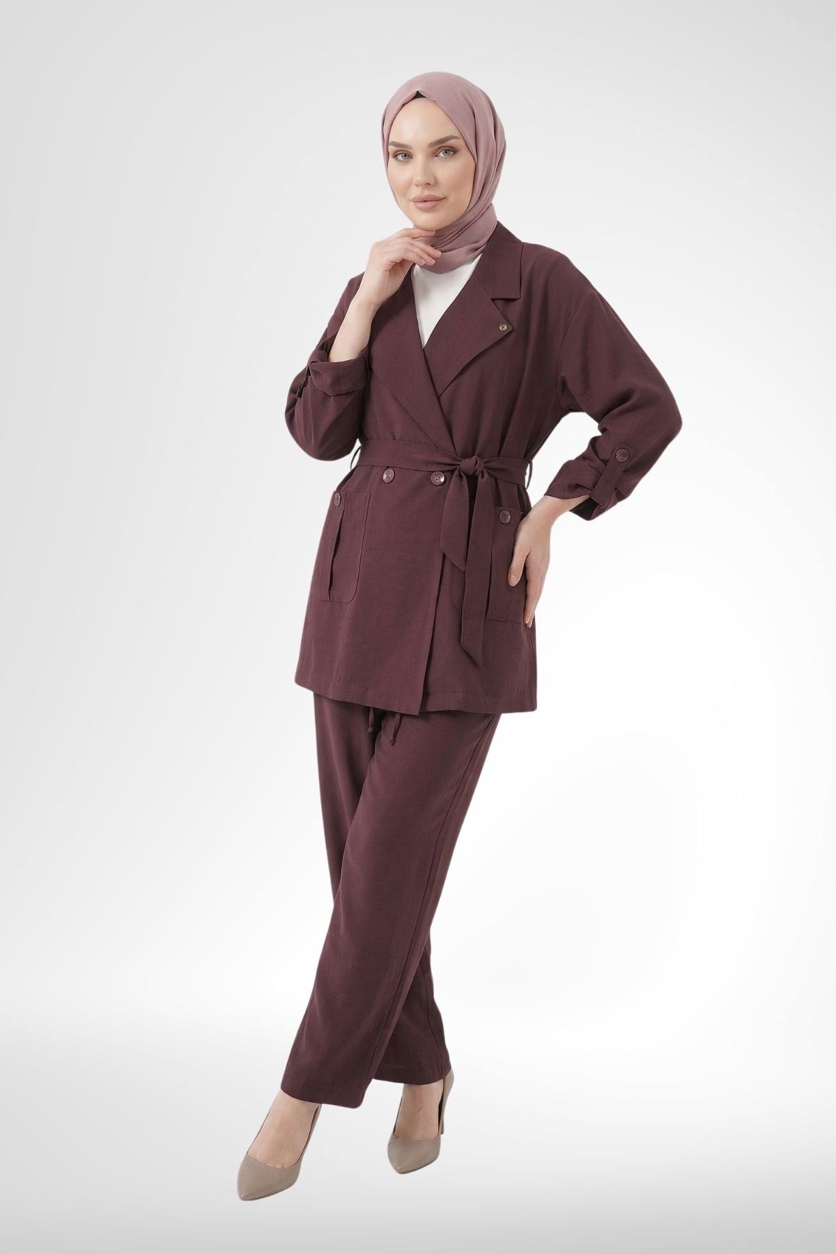 Armine Trend Kruvaze Ceketli Pantolonlu Takım Mürdüm 26YTD6113